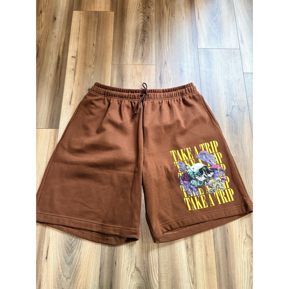 RGSTR Sweatshorts Shorts Men's 2XL XXL Brown Skull Mushrooms Graphic Pockets